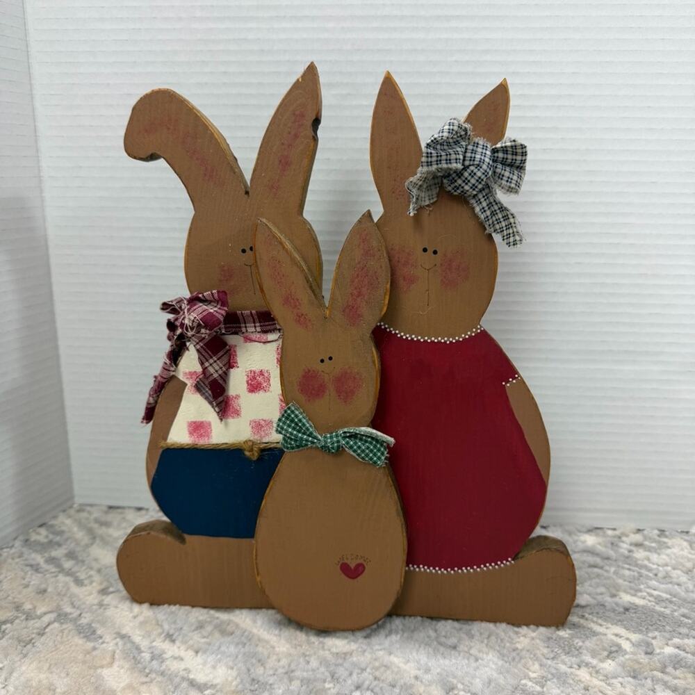 Vintage Primitive 3 Bunnies Wood Cutout hand Painted Decor 11" x 12"